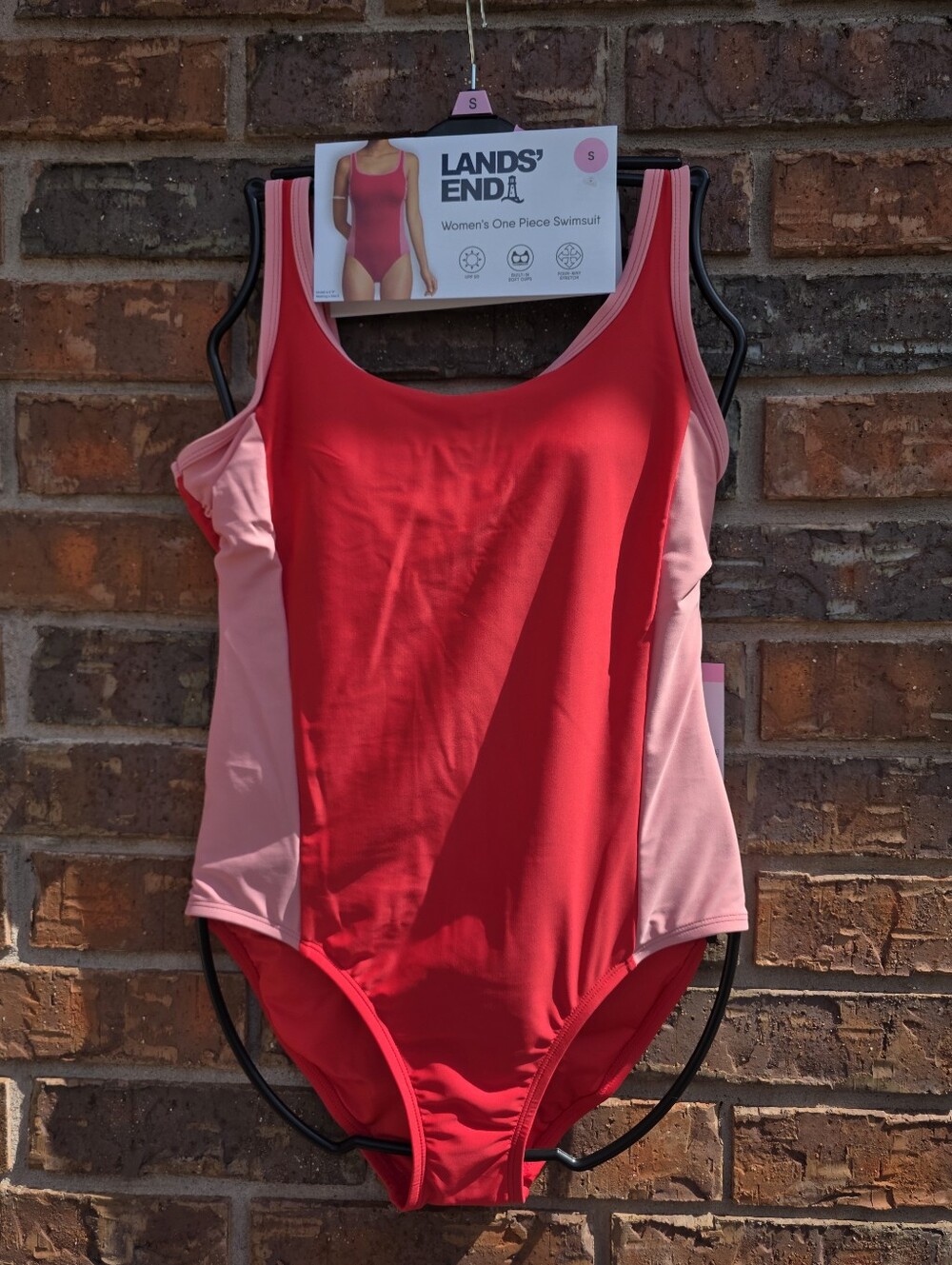 NEW Lands’ End Women’s Pink & Red Color-block One Piece Swimsuit S